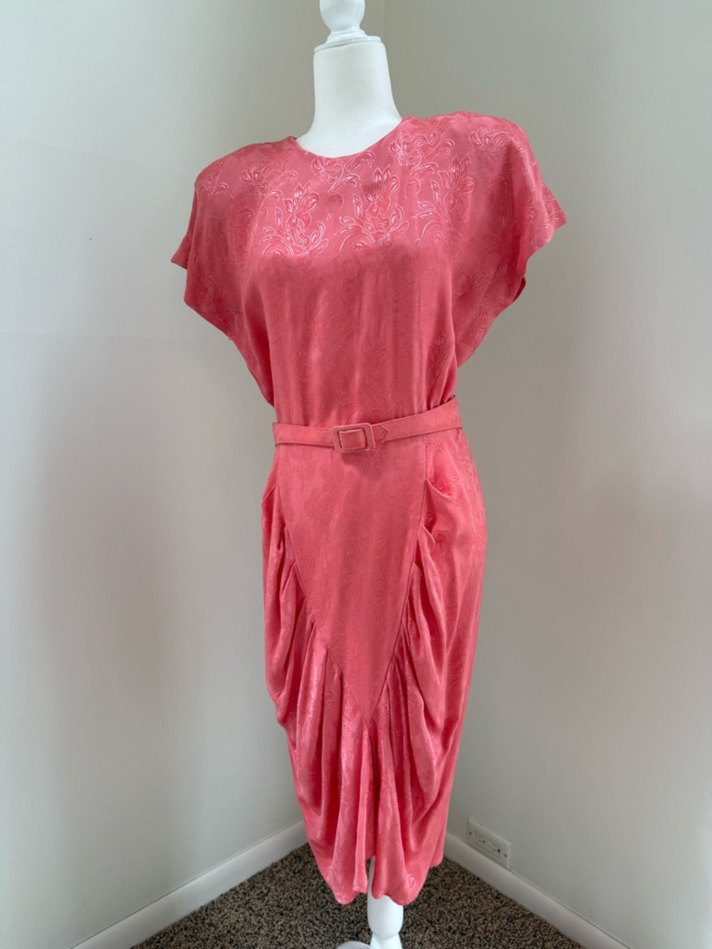 All That Jazz Coral Jacquard Belted Midi Dress